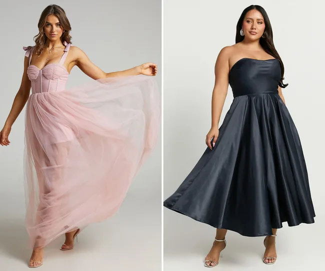 A pink chiffon wedding guest dress and a black midi dress