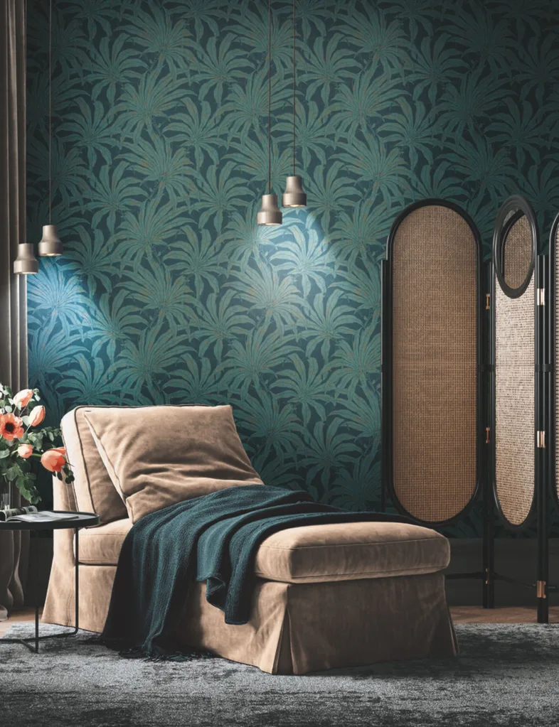A tropical-themed wallpaper paired with soft, tactile materials and subtle lighting creates a warm, luxurious-looking staycation space