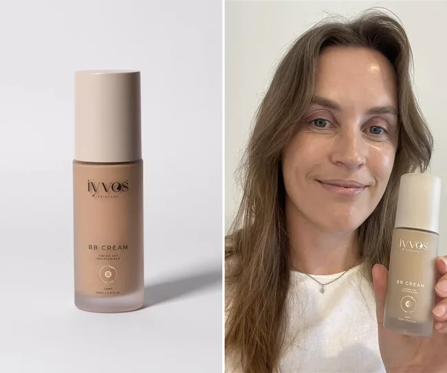 The iyvos BB cream, applied to Katie's skin