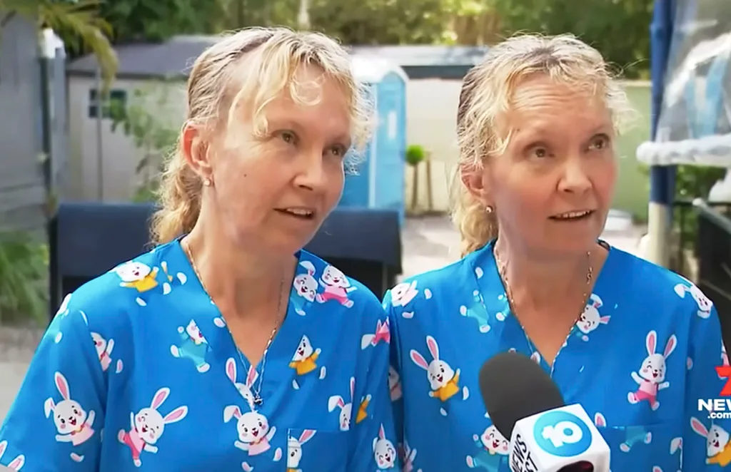 twins paula and bridgettte powers wearing matching blue shirts with bunnies
