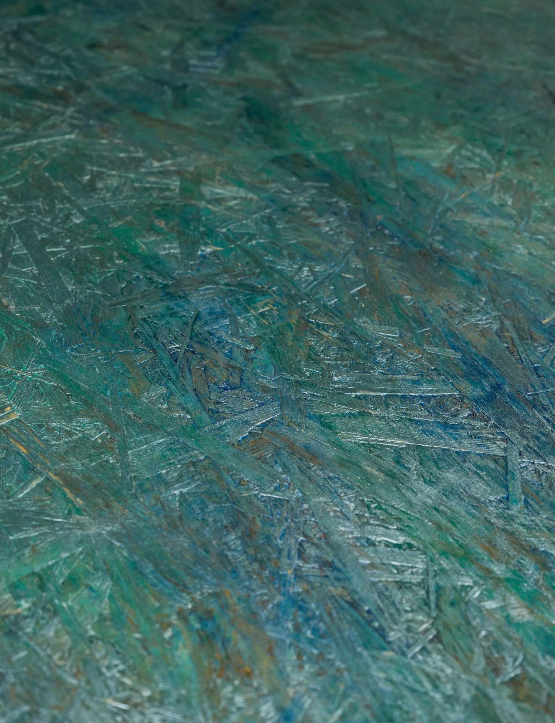 Upclose look at the pāua-inspired painted floor using blue, green and metallic paints from Resene 
