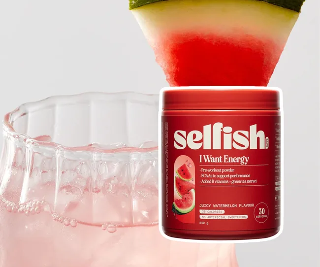 I want energy container against a watermelon drink background