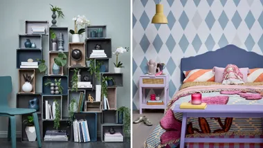 Left side showcases moveable storage using different size crates painted in a range of black, browns and greens. Right side showcases a room with a fun feature wall made with different shades of blue