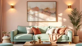 Living room using colour theory by combining pink, brown and green tones