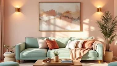 Living room using colour theory by combining pink, brown and green tones