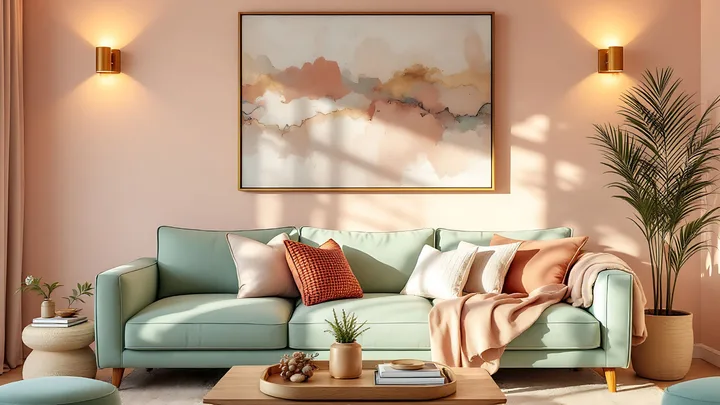 Living room using colour theory by combining pink, brown and green tones