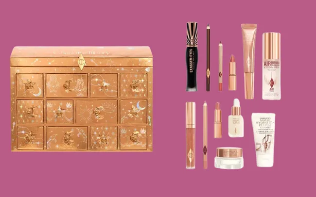 Gold-toned Charlotte Tilbury beauty chest with skincare and makeup products.