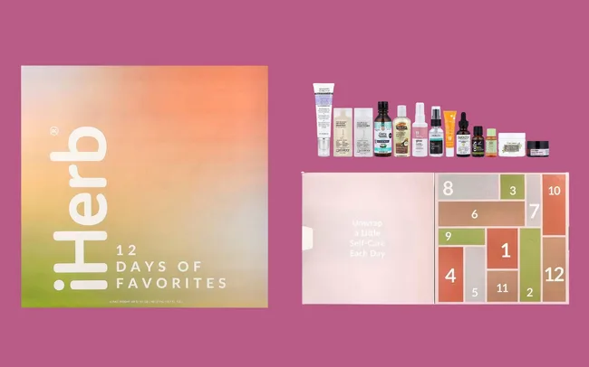 iHerb 12 Days of Favorites advent calendar showing a colourful box and contents.