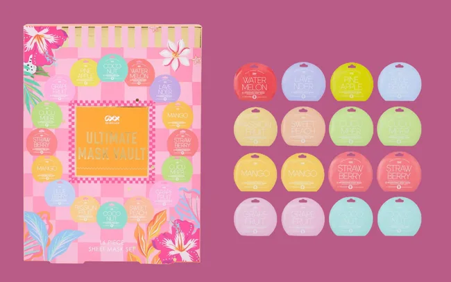 A colourful sheet mask set with a tropical theme on a pink background. The box features floral designs and 18 masks in various pastel colours, each labelled with different fruit names.
