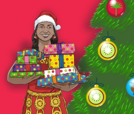 cartoon image of valerie adams holding wrapped gifts standing next to decorated christmas tree