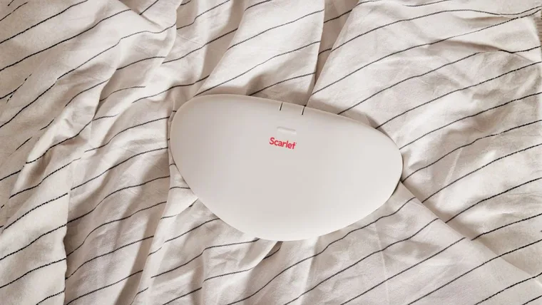 Scarlet heating pad on bedspread