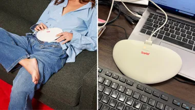 Side by side of the scarlet heat pad being used, and it charging on a desk
