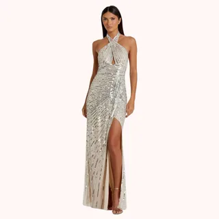 Mac Duggal Silver Sequin Halter Gown