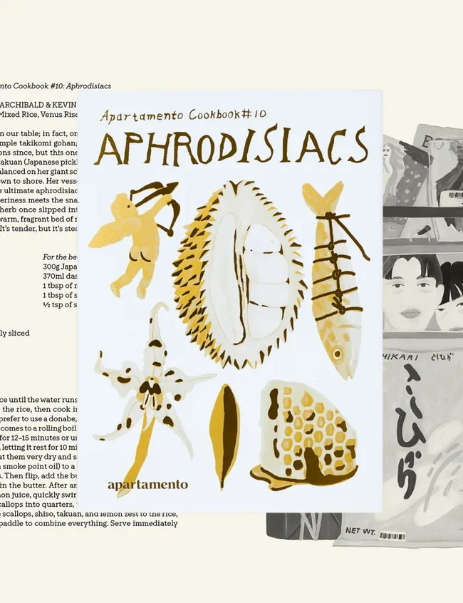 Apartamento Aphrodisiacs cookbook cover layered over an illustrated recipe spread from inside the book