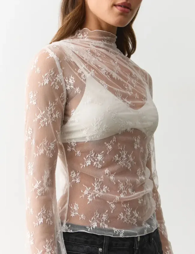 Close crop of woman wearing a white, high-necked sheer lace top over a white bra