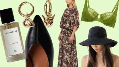 Collage of product imagery against a pale green background. Featuring a perfume bottle, gold cat earrings, a black shoe, a long floral dress, a green lace bra, and a black straw hat