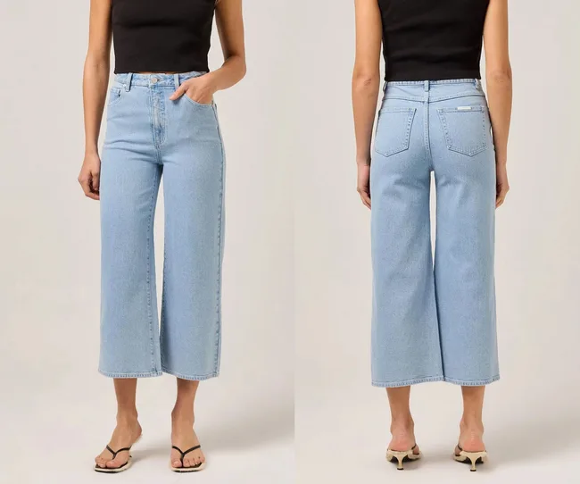 A side-by-side on-model shot showing front and back comparison of a light blue pair of jeans, slightly wide-leg and cropped mid-calf