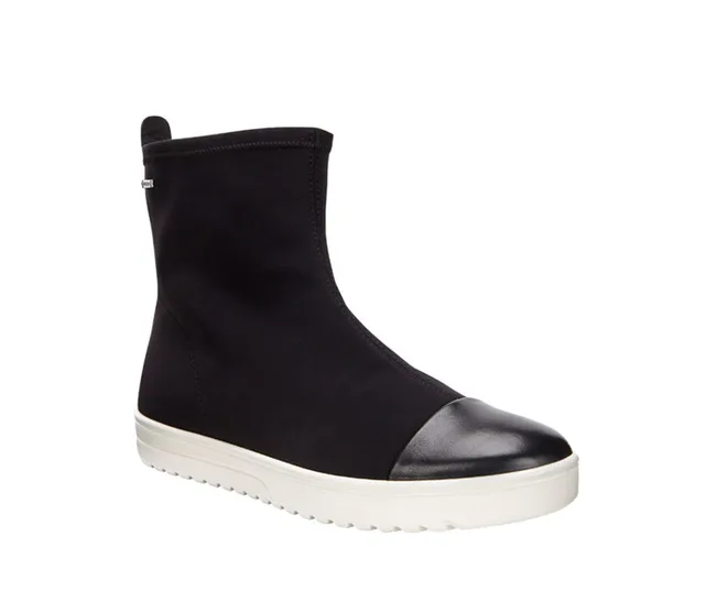 Black high-top sneaker with white sole and shiny black toe cap, shown from the left side.