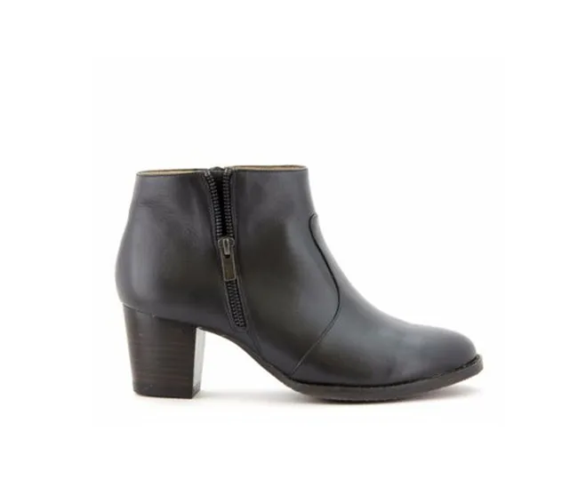 Black leather ankle boot with a side zipper and block heel.
