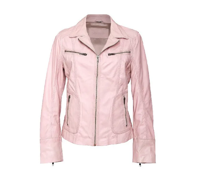 Pink leather jacket with front zipper and pocket zippers, displayed on a white background.