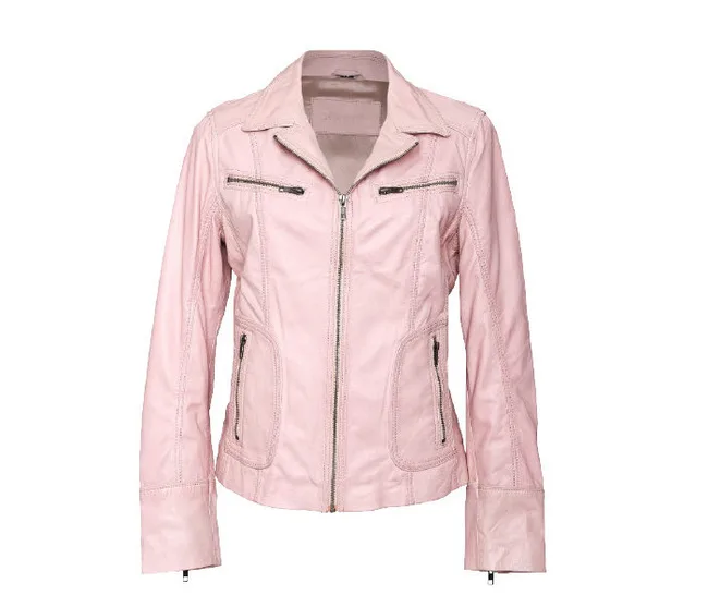 Pink leather jacket with front zipper and pocket zippers, displayed on a white background.