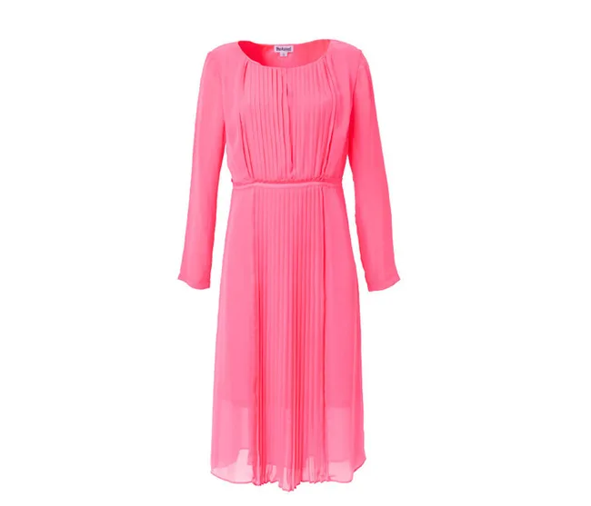 Long-sleeve pink pleated dress with a round neckline and cinched waist.