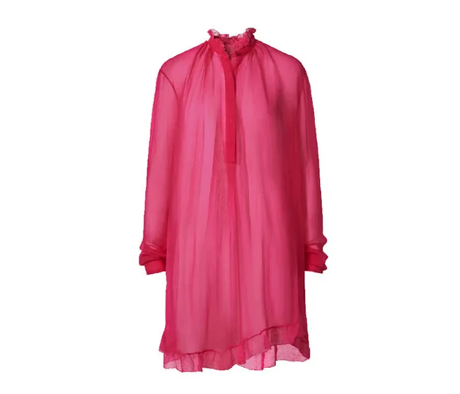 Pink sheer long-sleeve dress on white background.