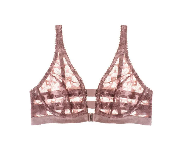 Sheer lace bralette in mauve with a floral pattern, featuring straps and a front clasp closure.