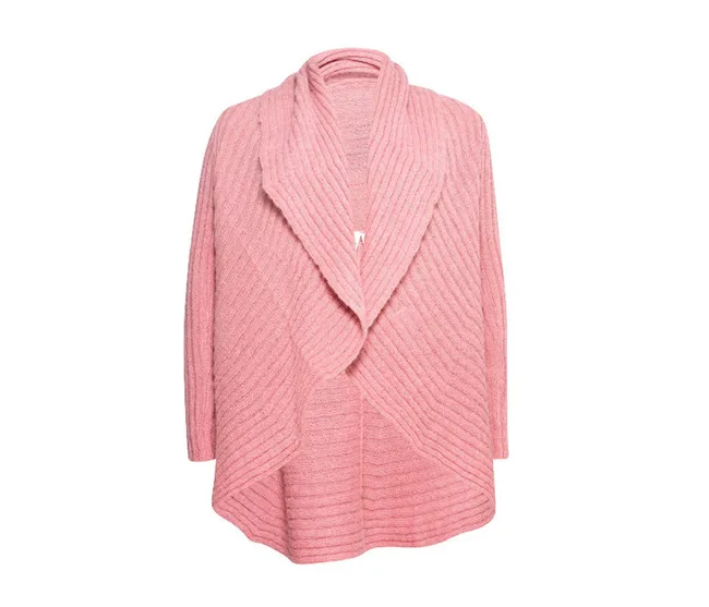 Pink ribbed knit cardigan with an open front and draped shawl collar.