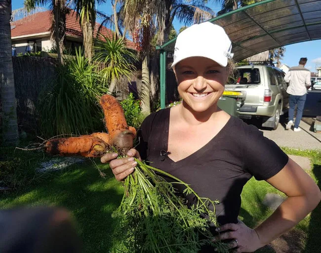 A woman in a white cap smiles while holding large, oddly-shaped carrots in a garden.