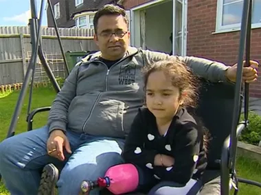 Girl shows school friends her new prosthetic leg for first time