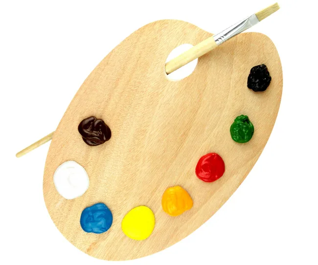 Wooden artist's palette with blobs of colorful paint and a paintbrush.