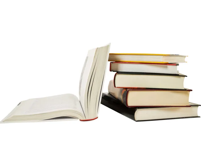 Open book and a stack of closed books on a white background.