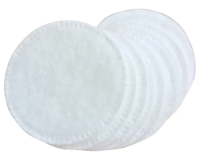 Round white cotton pads stacked in a fanned arrangement, used for makeup removal or skincare.