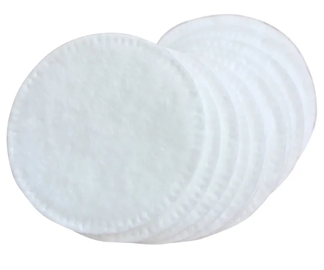Round white cotton pads stacked in a fanned arrangement, used for makeup removal or skincare.