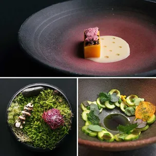Top: Golden kūmara, salted cherry blossoms and koji (a fungus). Bottom left: An edible garden of beetroot fibre and nori. Bottom right: Courgette with seaweed and Cwmglyn cheese.