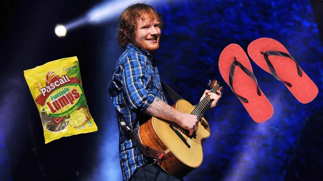A person playing a guitar on stage, with images of red flip-flops and a bag of Pascall Pineapple Lumps floating nearby.