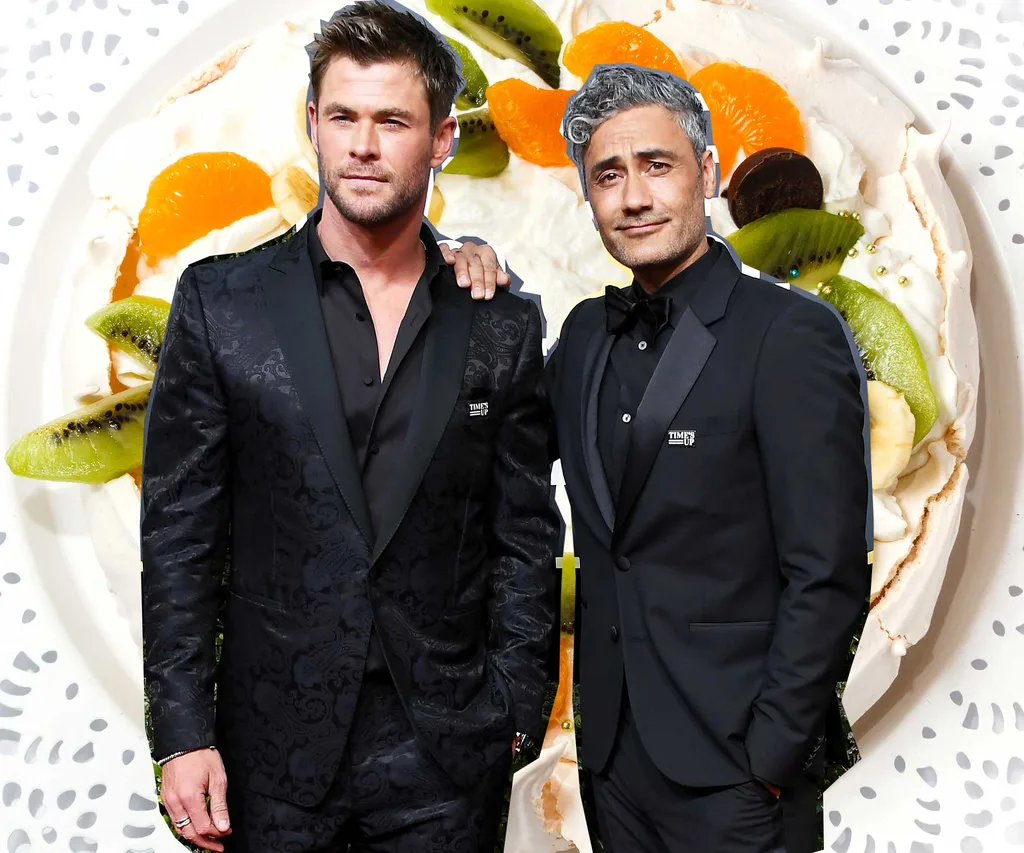 Taika Waititi symbolically claiming an Australian icon for his country on a Pavlova background at The 75th Golden Globes