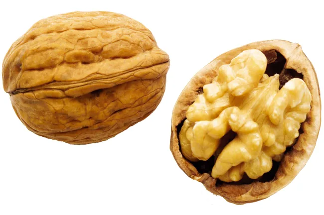 A whole walnut next to a walnut half with visible kernel on a white background.