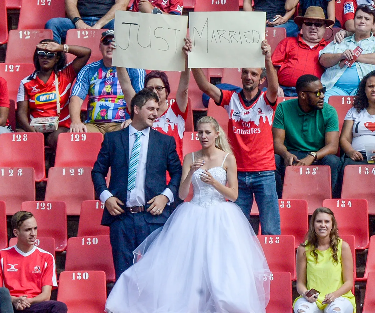 Newlyweds leave wedding celebrations to get to rugby game