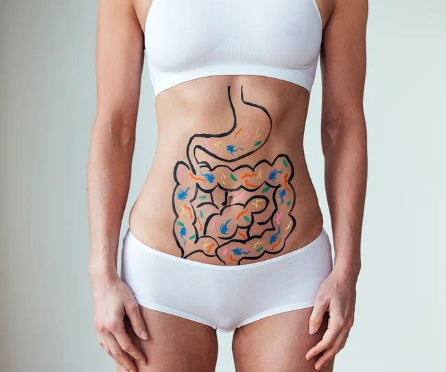 Person in white underwear with digestive system illustration painted on abdomen.