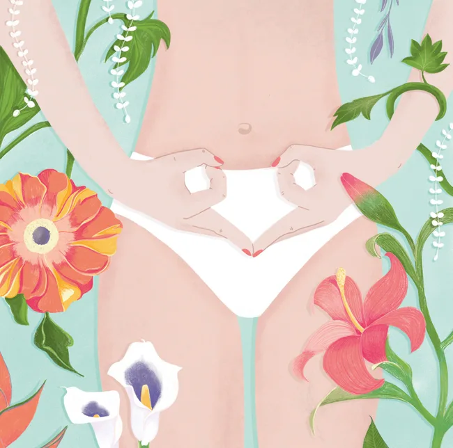 Illustration of a person's torso with hands forming a heart shape, surrounded by colorful flowers.