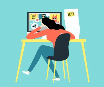 Girl watching funny pictures and video instead of working