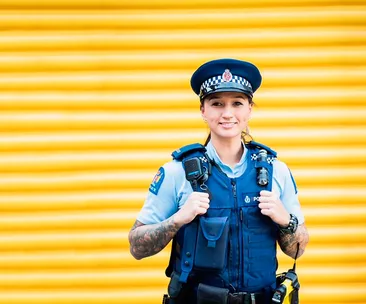 Police officer in uniform smiling in front of a yellow background.