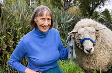 A woman in a blue sweater smiles beside a sheep with a blue halter, standing in a lush, green garden.