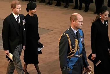 Prince Harry and Meghan Markle reunite with the British royal family to receive the Queen’s coffin