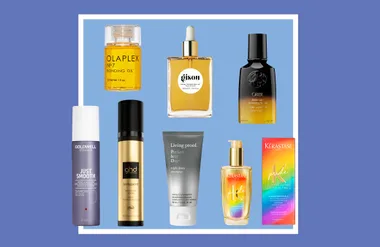 A selection of hair care products including Olaplex, Gisou, Oribe, Goldwell, GHD, Living Proof, and Kérastase.