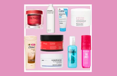 Assorted body care products on a purple background, including creams, serums, and lotions from various brands.