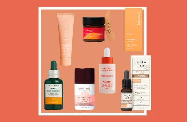 Various skincare products, including serums and masks, with diverse packaging and branding displayed against a coral background.