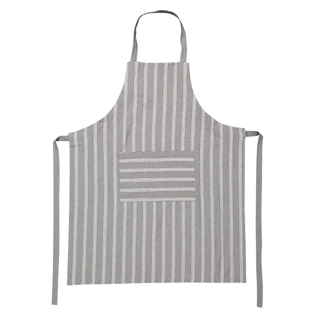 Gray and white striped apron with a central front pocket and neck strap.
